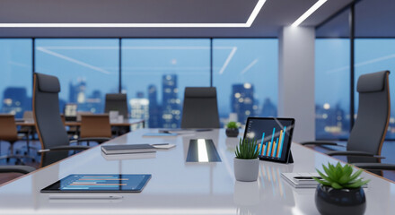 Modern Conference Room with Business Data Displays and City Skyline View