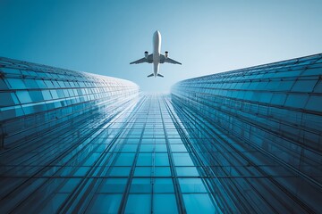 A jet flying above a scyscraper