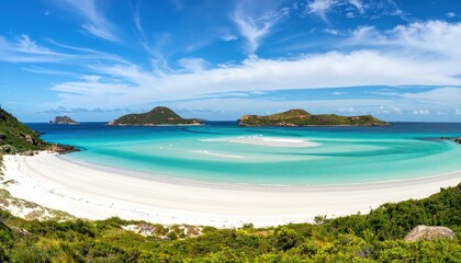 Fototapeta premium Paradise Coastline: A picturesque coastal landscape unfolds, showcasing a pristine white sandy beach, crystal-clear turquoise waters, and an endless blue sky.