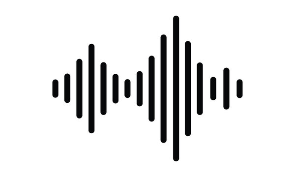 Black sound wave icon on a white background, representing audio signal, music frequency, or voice waveform. Ideal for apps, podcasts, media, sound editing, and digital communication designs.