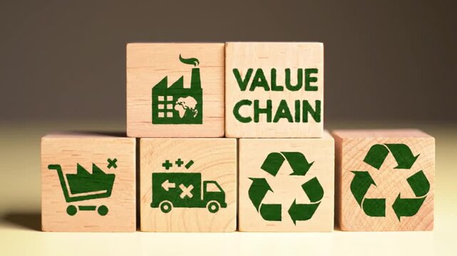Stack of Wooden Blocks Illustrating Value Chain with Icons on Neutral Backdrop
