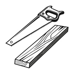 Silhouette of a hand saw and wood plank. Black and white vector icon for woodworking, carpentry, and construction.