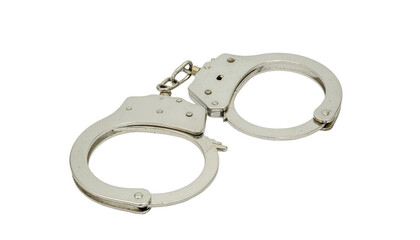 Metal handcuffs for law enforcement and security restraint tool isolated on white background