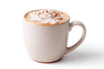 Fototapeta premium A creamy cup of hot coffee topped with whipped cream and a sprinkle of cinnamon on top, served in a simple white mug with a handle.