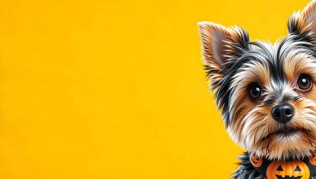 Yorkie dog with pumpkin collar, bright yellow background, curious expression