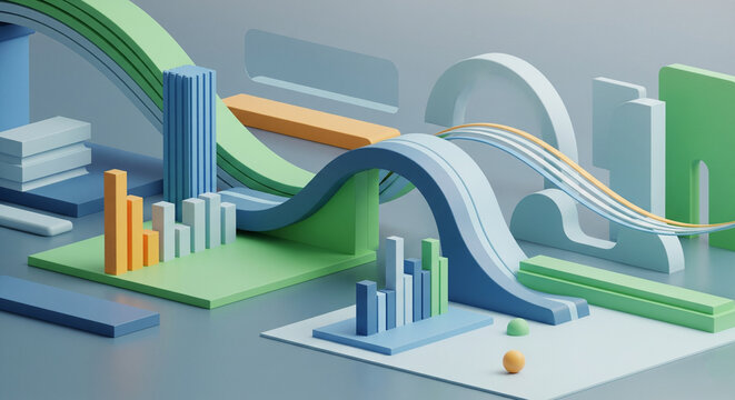 Vibrant Abstract 3D Geometric Landscape with Data Visualization Elements