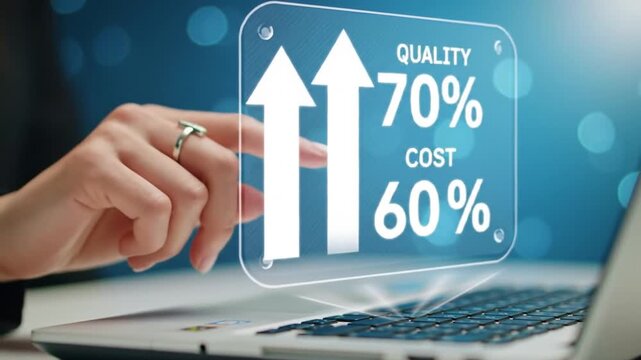 Woman Hands Touching Hologram Display Showing Cost Decrease and Quality Increase on Laptop