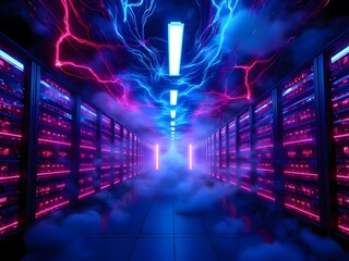 Neon Data Storm in Server Room - Electric Blue and Pink Data Transfer for Tech Background