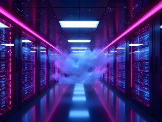 Cyclone of Data Streams - Low Angle Shot of Futuristic Server Rack with Volumetric Fog