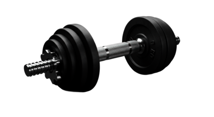 Modern adjustable dumbbell with black cast iron plates, chrome knurled grip on dark high-end surface, studio product shot, concept of efficient versatile strength training
