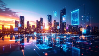 Fototapeta premium Digital Cityscape Futuristic Skyline with Data Overlay at Sunset