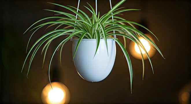 Hanging Green Spider Plant in White Pot with Ambient Lighting - Powered by Adobe