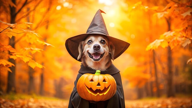 Dog dressed as a witch wearing a hat and robe sits with a jackolantern in a park during golden hour autumn sunlight - Powered by Adobe