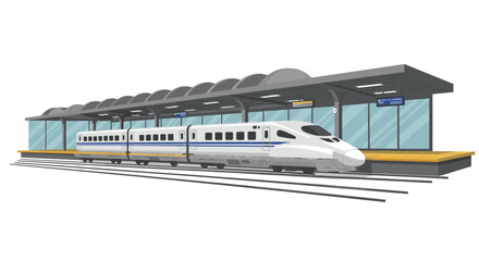 High-speed train at modern station platform with arched roof and empty tracks