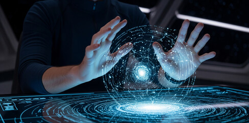 Astronaut's Hands Interacting with a Holographic Star Map, Sci-fi Navigation and Strategy Concept