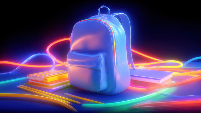 Back To School Backpack With Neon Lights, Futuristic 3D Illustration