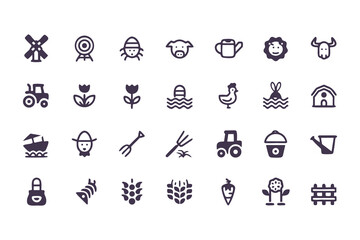 Farming and Agriculture Icon Set. Vector Symbols of Farm Animals, Crops, Equipment, and Rural Life