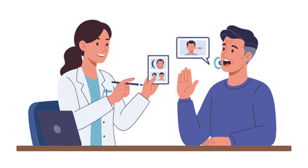 Doctor discussing treatment with patient using digital images in modern office setting