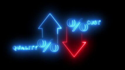 Neon Blue Up Arrow Quality and Red Down Arrow Cost Symbols on Black percentage