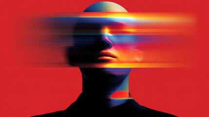 Abstract futuristic portrait with colorful light streaks on face, digital art