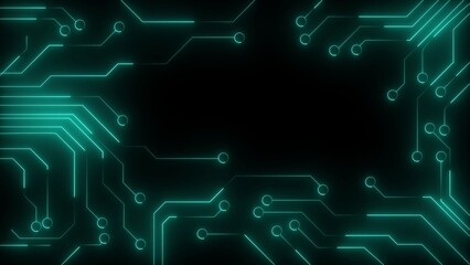 Abstract Teal Neon Circuit Board Lines Frame on Black Background technology