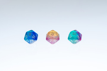 different colours dices for fantasy dnd and rpg tabletop games. Board game polyhedral dices with different sides isolated on white background
