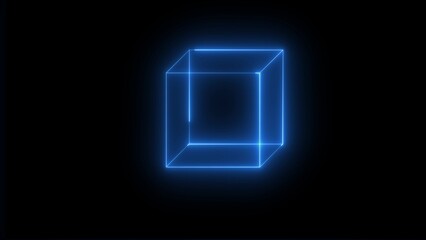 Glowing Blue Neon Cube Outline on Black Background Abstract Geometric Shape bright