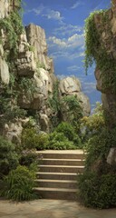 Obraz premium Stone steps ascend between lush, verdant rock formations under a vibrant blue sky; a tranquil, idyllic scene