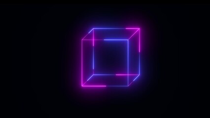 Dual Color Neon Cube Outline with Blue and Pink Glow on Black abstract background