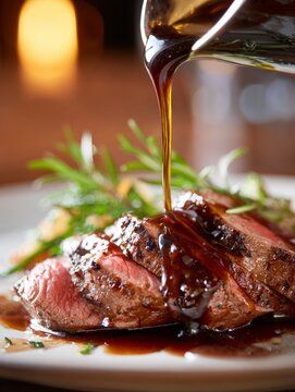 A juicy steak covered in rich, dark sauce being poured from a glass container onto a plate.