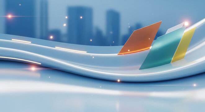 Futuristic Digital Flow: Abstract Background with Geometric Shapes and Urban Skyline