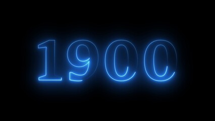 Glowing neon blue number 1900 on a black background year numeral