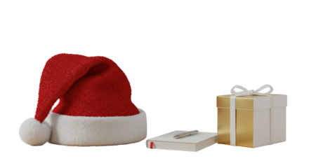 Classic red velvet Santa hat and a sleek neutral corporate gift item on a modern light wood office desk, soft studio lighting, blurred office background, professional goodwill concept