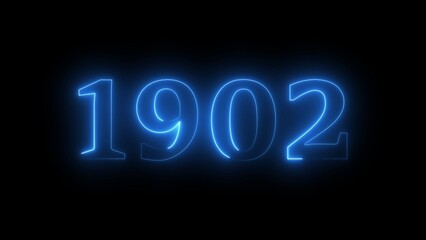 Neon blue glowing number 1902 on a black background year