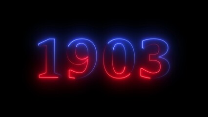 Neon glowing numbers 1903 in red and blue against a black background year