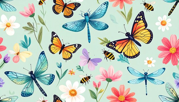 Delicate floral and insect pattern on a pastel background.
