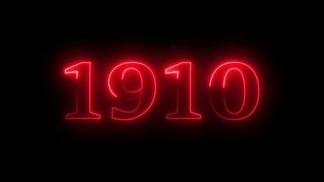 Bright red neon numbers 1910 illuminated on a dark background year glowing