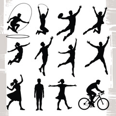 Silhouette illustration of active children and teens playing sports, biking, jumping, running, exercising, in black and white vector set