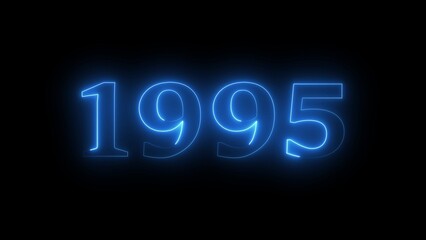 Neon sign with the year 1995 in bright blue glowing light on a black background number