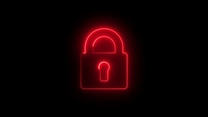 Red neon padlock icon glowing on a black background representing security and protection © @ek_stock