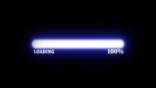 Bright blue neon loading bar indicating 100 percent completion on a dark grid background