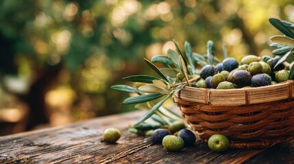 Freshly harvested olives in a rustic basket on a wooden table surrounded by greenery