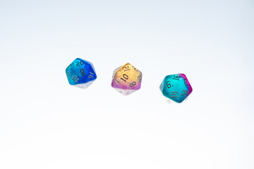 different colours dices for fantasy dnd and rpg tabletop games. Board game polyhedral dices with different sides isolated on white background