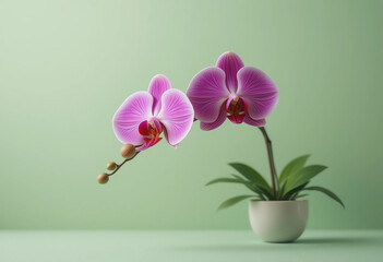 Obraz premium Minimalist orchid in small vase, pastel green background