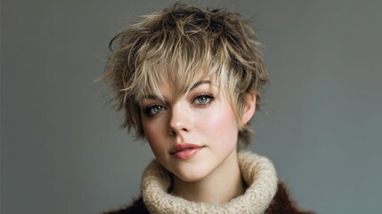 Portrait of a woman with short messy blonde hair