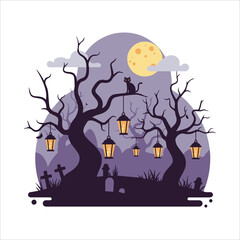 Vector art of spooky halloween night scene with trees and lanterns isolated on white background