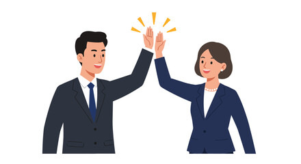 Two smiling colleagues, a man and a woman in business suits, celebrate their success with a high five.