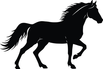 Black horse silhouette galloping on white background