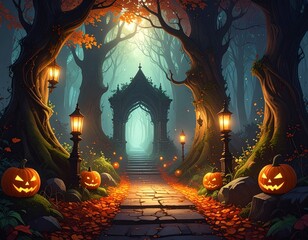 Enchanted Forest Path with Glowing Halloween Pumpkins