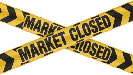 Isolated high-resolution PNG of two black-and-yellow chevron striped warning tapes with bold white block letters reading "MARKET CLOSED"